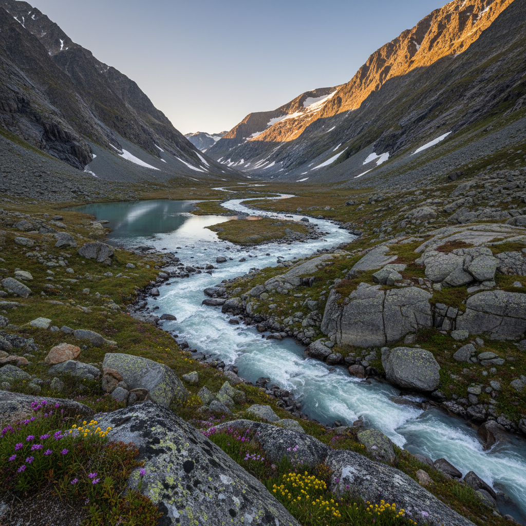 A high-altitude mountain valley in late afternoon, with a crystal-clear glacial river snaking through the center, its surface alternating between mirror-like pools and frothy white rapids. On either side rise jagged granite peaks dusted with late snow, their striations sharply defined. The riverbank is lined with hardy alpine flowers and lichens clinging to boulders. Golden hour sunlight grazes the mountain faces from the side, creating dramatic highlights and long, cool shadows. Photographic realism, captured from a slightly elevated vantage point using the rule of thirds to lead the eye along the river’s path. The atmosphere feels crisp, pure, and quietly powerful, celebrating the raw narrative of geological time and living water.