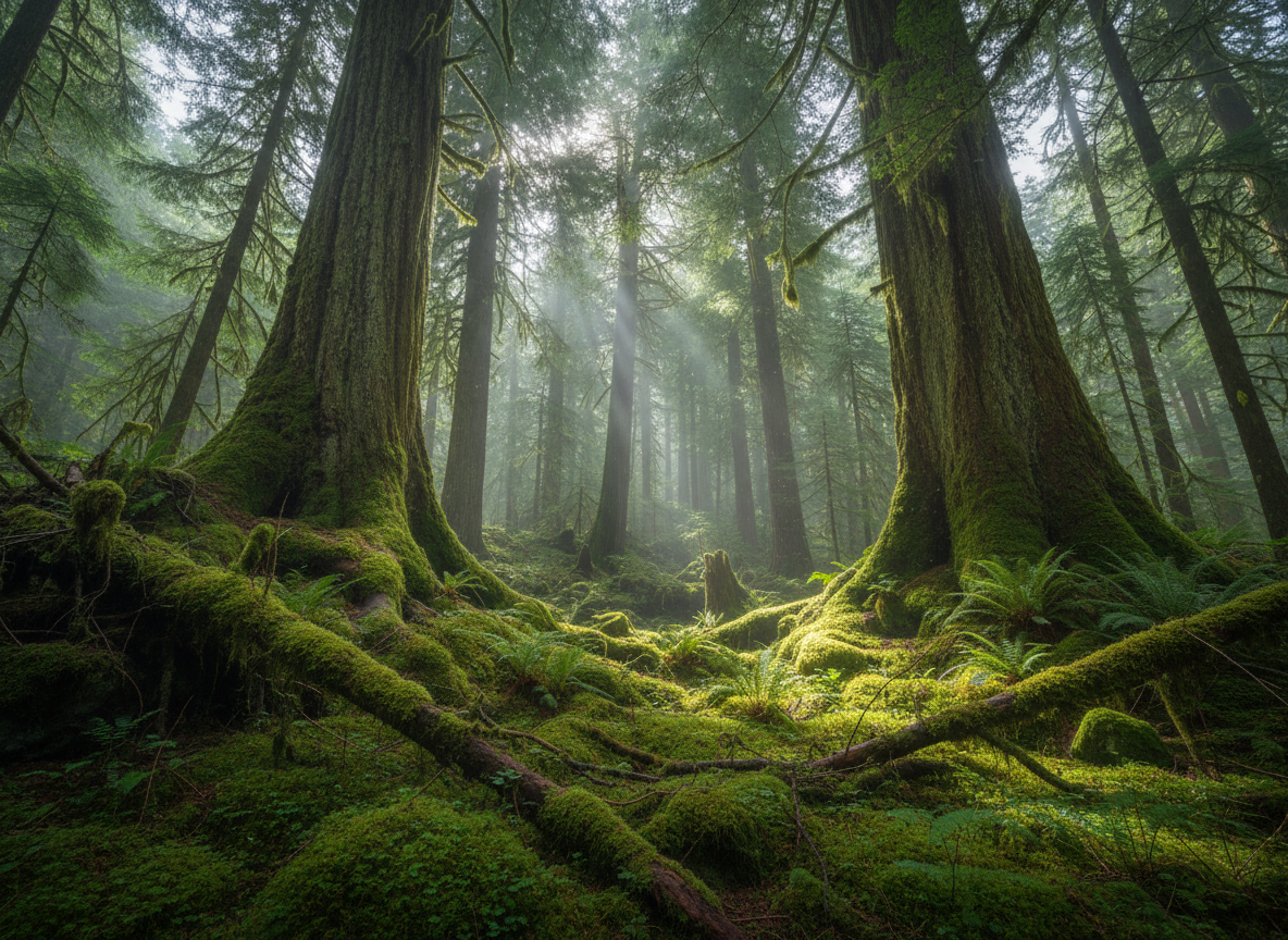 An ancient moss-covered forest clearing, with towering conifers rising like natural pillars into a mist-laden canopy. The forest floor is a rich tapestry of emerald moss, fallen branches, and delicate ferns unfurling in soft, intricate patterns. Dappled, diffused light filters through the high branches, casting gentle beams that illuminate floating particles and highlight the vivid green textures. Photographic realism with a slightly low-angle perspective emphasizes the towering trees and depth of the scene, background fading into soft bokeh mist. The mood is mystical yet grounded, evoking quiet reverence for untouched wilderness and the subtle storytelling in every root, stone, and patch of living moss.